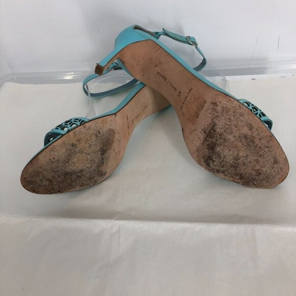 Manolo  Blahnik Maurila Turquoise Geometric Laser Cut Sandal Heels Leather 41 - Picture 5 of 16